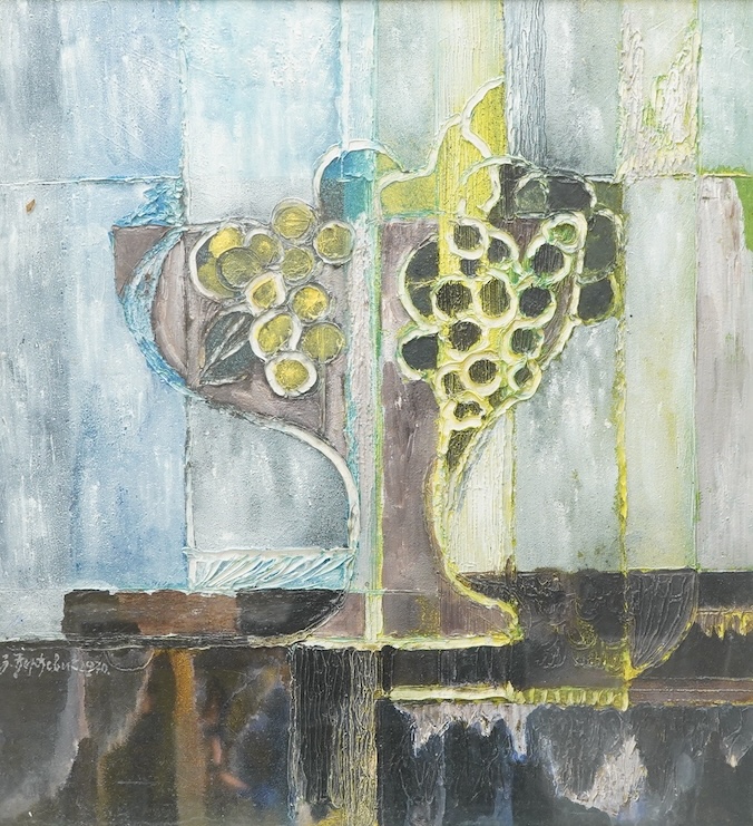 Mid century, Russian school, still life of flowers, signed in Cyrillic and dated 1970, textured abstract oil on board, 56 x 51cm